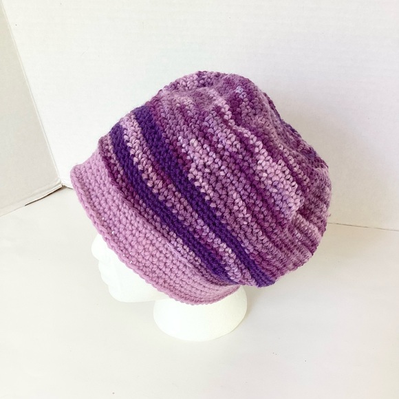 Hat Hand Crafted Purple BeanieStriped Varigated Floral Crochet - Picture 7 of 16